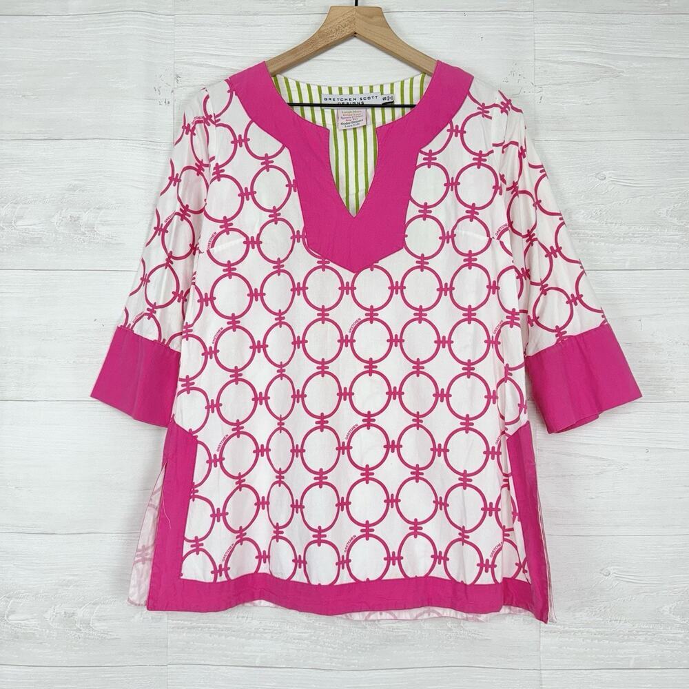 Gretchen Scott Popover Tunic Shirt Size S Pink White Geometric Retro Artsy Beach